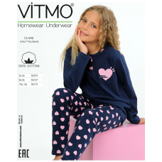 Піжама для дівчинки VITMO Clare — темно-синій комплект із рожевими сердечками 158